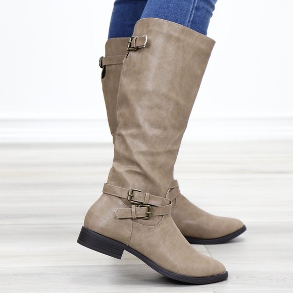 Shoes - Taupe Rider Chick Mid Calf Boots With Buckles